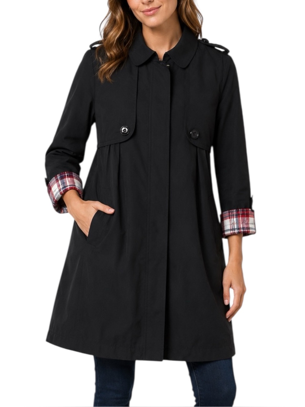 Paul & Joe Sister Trench Coat US 6 FR 38 Black Plaid Lined 3/4 Sleeve Jacket